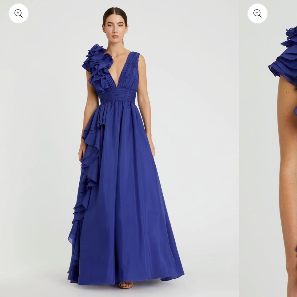 Mac Duggal Dark Blue Ruffle Shoulder V-Neck Chiffon Gown